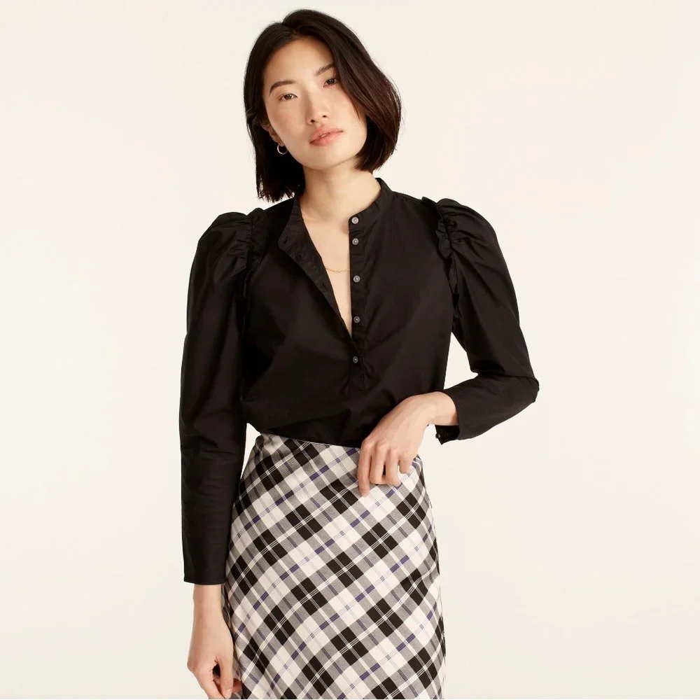 NWT Womens Size Small J. Crew Black Puff Sleeve Crisp Cotton Poplin Top
